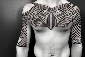 sleeve and chest tattoo stensil, joshua 1:9,  geometric, triangles, circle, wakanda, geometric art style tattoo idea