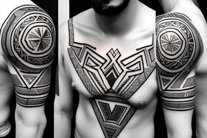 sleeve and chest tattoo stensil, joshua 1:9,  geometric, triangles, circle, wakanda, geometric art style tattoo idea