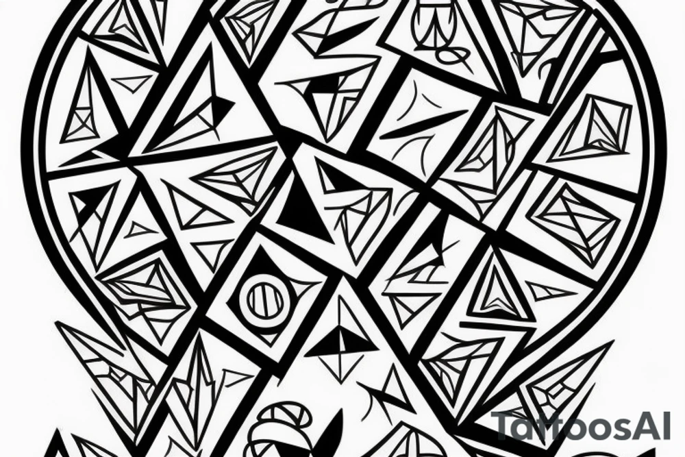 sleeve and left chest tattoo stensil, joshua 1:9,  geometric, triangles, circle, wakanda, geometric art style tattoo idea