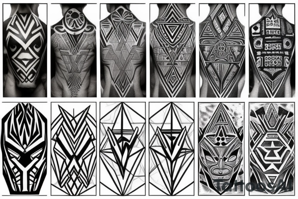 sleeve and left chest tattoo stensil, joshua 1:9,  geometric, triangles, circle, wakanda, geometric art style tattoo idea