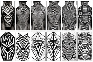 sleeve and left chest tattoo stensil, joshua 1:9,  geometric, triangles, circle, wakanda, geometric art style tattoo idea