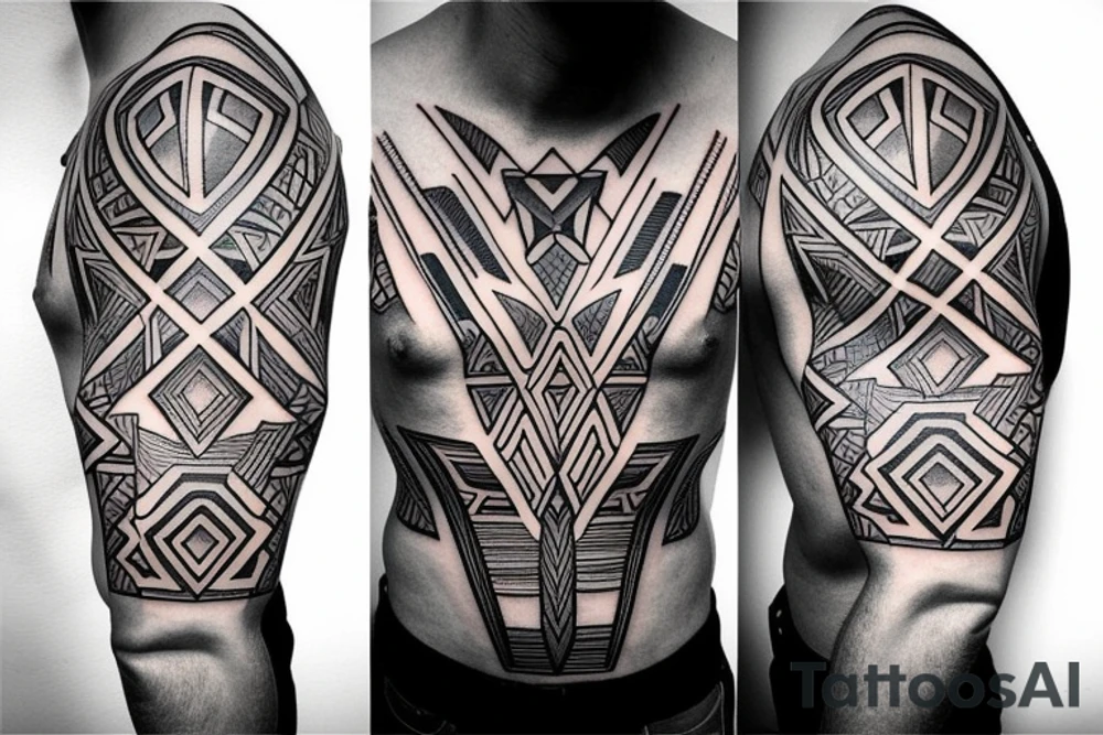 sleeve and left chest tattoo stensil, joshua 1:9,  geometric, triangles, circle, wakanda, geometric art style tattoo idea