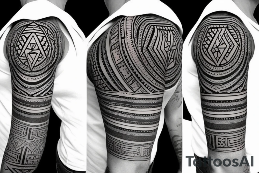 sleeve and left chest tattoo stensil, joshua 1:9,  geometric, triangles, circle, wakanda, geometric art style tattoo idea