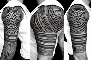 sleeve and left chest tattoo stensil, joshua 1:9,  geometric, triangles, circle, wakanda, geometric art style tattoo idea