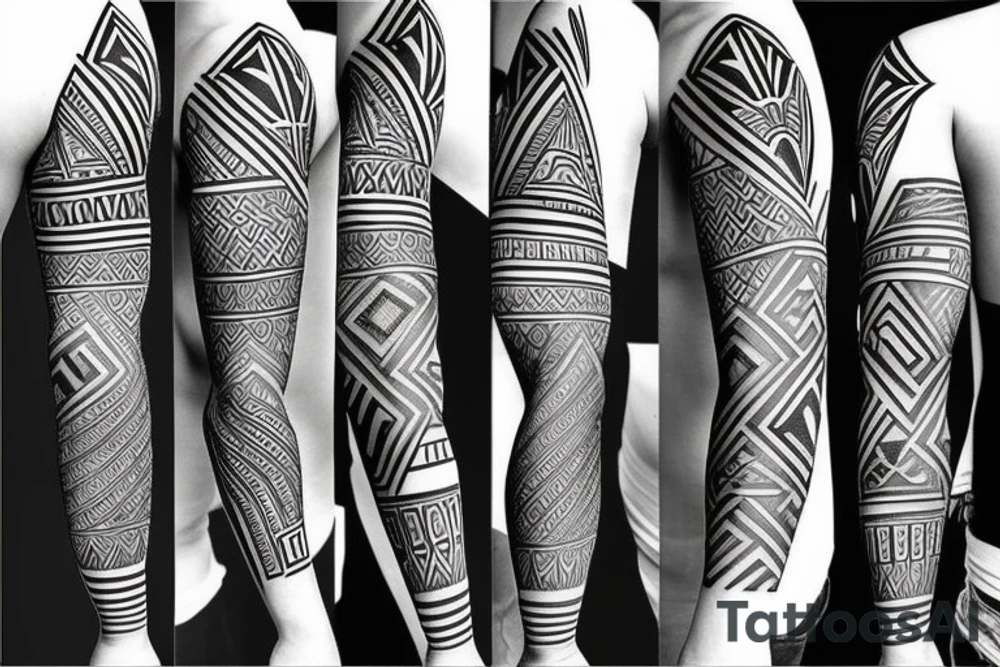 sleeve and left chest tattoo stensil, joshua 1:9,  geometric, triangles, circle, wakanda, geometric art style tattoo idea