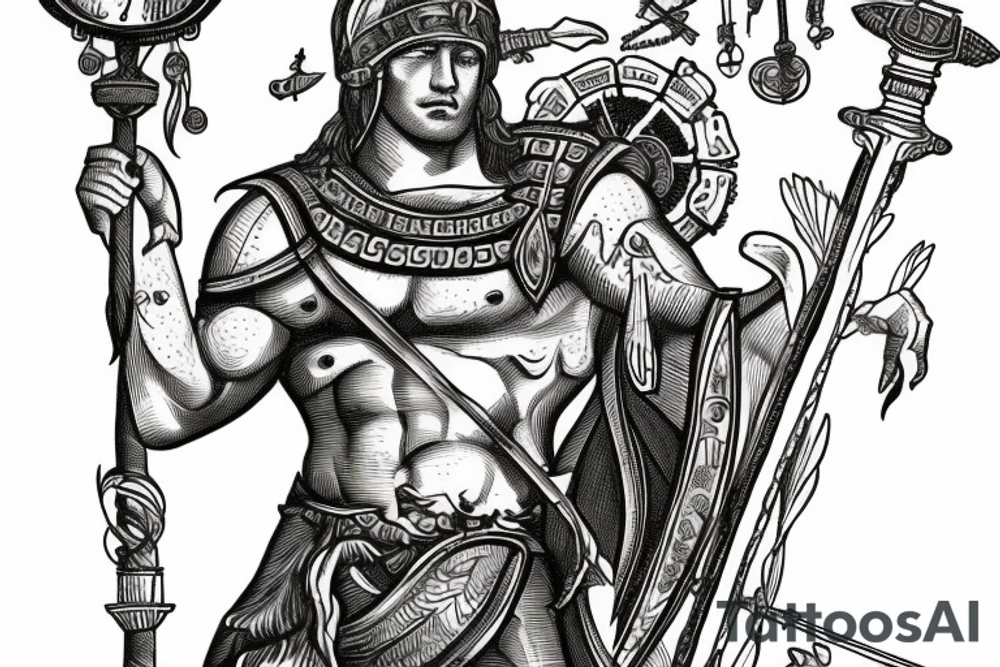 Spartan holding a Poseidon spear with a Roman clock in the back with white eyes tattoo idea