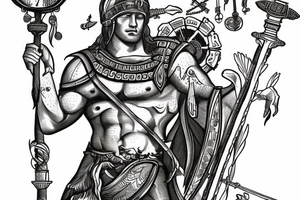 Spartan holding a Poseidon spear with a Roman clock in the back with white eyes tattoo idea