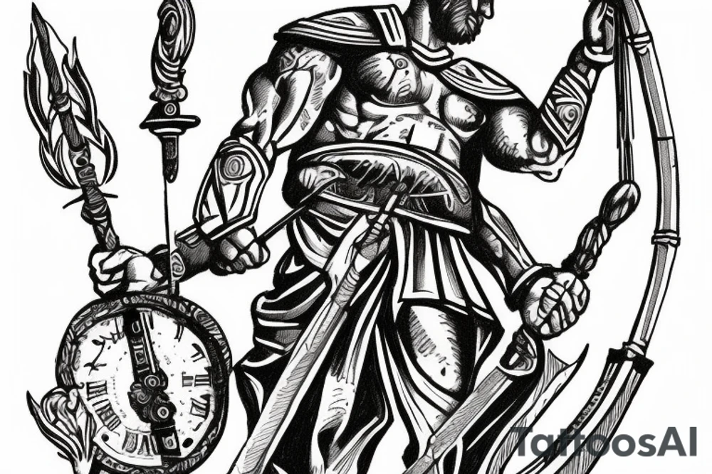 Spartan holding a Poseidon spear with a Roman clock in the back with white eyes tattoo idea