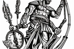 Spartan holding a Poseidon spear with a Roman clock in the back with white eyes tattoo idea