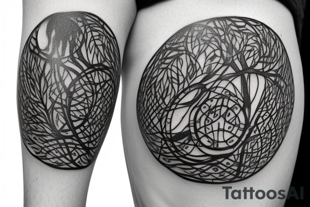 Imagine a circular design that represents the eternal bond between life, passion, strength, and courage, intended to be shared as a tattoo by three individuals. The central element of the design is a vibrant and flourishing tree, symbolizing life and growth. Its branches reach out in different directions, showcasing resilience and the ability to adapt.

Within the branches of the tree, intricate patterns and vibrant colors depict various manifestations of passion. This could include musical notes, paintbrush strokes, or symbols representing hobbies or activities that ignite a deep sense of purpose and enthusiasm in each person.

Encircling the tree, a ring of fierce flames symbolizes strength and courage. The flames dance and flicker, representing the determination and fortitude needed to face life's challenges head-on.

Beneath the tree, a river flows, embodying the ever-changing nature of life. The river signifies the ability to navigate through ups and downs, symbolizing resilience and the continuous journey of growth.

At the base of the design, a banner with the words "Life, Passion, Strength, Courage" is elegantly inscribed in flowing script. The banner serves as a unifying element, representing the shared values and aspirations of the three individuals.

The overall design should be balanced, visually captivating, and reflective of the unique personalities and experiences of each person. It can be further personalized with additional elements or motifs that hold personal significance.

Through this tattoo design, the three individuals can celebrate their connection and shared values, forever reminding themselves of the importance of embracing life, pursuing passions, embracing strength, and embodying courage. tattoo idea