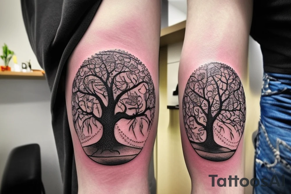 Imagine a circular design that represents the eternal bond between life, passion, strength, and courage, intended to be shared as a tattoo by three individuals. The central element of the design is a vibrant and flourishing tree, symbolizing life and growth. Its branches reach out in different directions, showcasing resilience and the ability to adapt.

Within the branches of the tree, intricate patterns and vibrant colors depict various manifestations of passion. This could include musical notes, paintbrush strokes, or symbols representing hobbies or activities that ignite a deep sense of purpose and enthusiasm in each person.

Encircling the tree, a ring of fierce flames symbolizes strength and courage. The flames dance and flicker, representing the determination and fortitude needed to face life's challenges head-on.

Beneath the tree, a river flows, embodying the ever-changing nature of life. The river signifies the ability to navigate through ups and downs, symbolizing resilience and the continuous journey of growth.

At the base of the design, a banner with the words "Life, Passion, Strength, Courage" is elegantly inscribed in flowing script. The banner serves as a unifying element, representing the shared values and aspirations of the three individuals.

The overall design should be balanced, visually captivating, and reflective of the unique personalities and experiences of each person. It can be further personalized with additional elements or motifs that hold personal significance.

Through this tattoo design, the three individuals can celebrate their connection and shared values, forever reminding themselves of the importance of embracing life, pursuing passions, embracing strength, and embodying courage. tattoo idea
