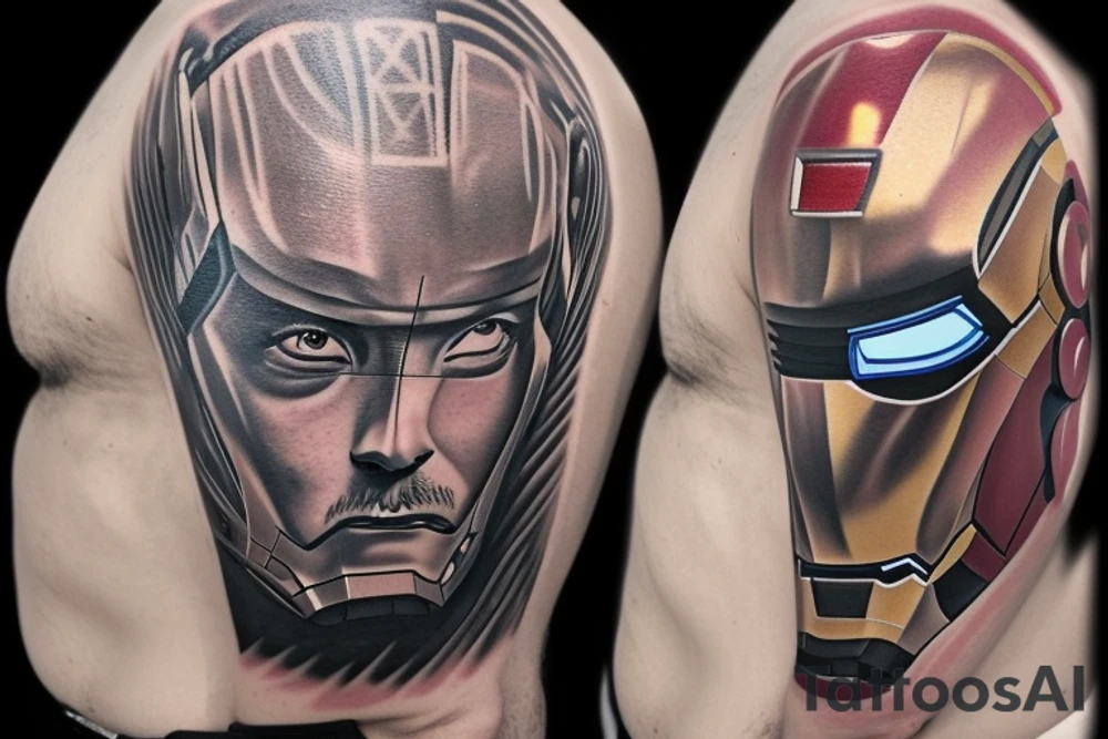 Imaginez un tatouage captivant dans le style biomécanique, fusionnant les éléments emblématiques d'Iron Man avec une esthétique futuriste. Ce tatouage incarne l'alliance parfaite entre la technologie avancée et l'essence de l'homme de fer.

Au centre de l'image, représentez le visage d'Iron Man, avec son casque caractéristique et ses yeux lumineux. Le casque est réalisé dans un style biomécanique complexe, mêlant des éléments robotiques et organiques, créant une fusion unique.

De chaque côté du visage d'Iron Man, dessinez des structures mécaniques sophistiquées qui s'étendent comme des ailes ou des extensions, représentant l'intégration de la technologie dans le corps. Les détails mécaniques tels que des engrenages, des câbles et des circuits imprimés ajoutent une texture et une profondeur supplémentaires à l'image.

Incluez des éclairages LED subtils tout au long du tatouage, simulant les lumières intérieures d'Iron Man. Cela peut être réalisé en utilisant des encres lumineuses ou en jouant avec des effets de contraste et d'ombrage.

Ajoutez des détails inspirés des réacteurs arc d'Iron Man, les plaçant stratégiquement pour représenter la puissance énergétique et la technologie révolutionnaire qui alimentent le personnage.

Utilisez une palette de couleurs métalliques, avec des tons de rouge et de doré, pour rappeler l'armure emblématique d'Iron Man. Les nuances de gris, d'argent et de noir peuvent également être utilisées pour ajouter de la profondeur et du réalisme aux composants biomécaniques.

Assurez-vous que le tatouage s'adapte harmonieusement à la forme et aux contours du corps, en prenant en compte les proportions et les mouvements naturels.

Ce tatouage dans le style biomécanique, inspiré d'Iron Man, incarne la fusion entre l'homme et la machine, reflétant la force, la technologie avancée et l'esprit de l'ingéniosité. Il est destiné à célébrer le personnage emblématique d'Iron Man et à représenter la puissance et l'audace de celui qui le porte. tattoo idea