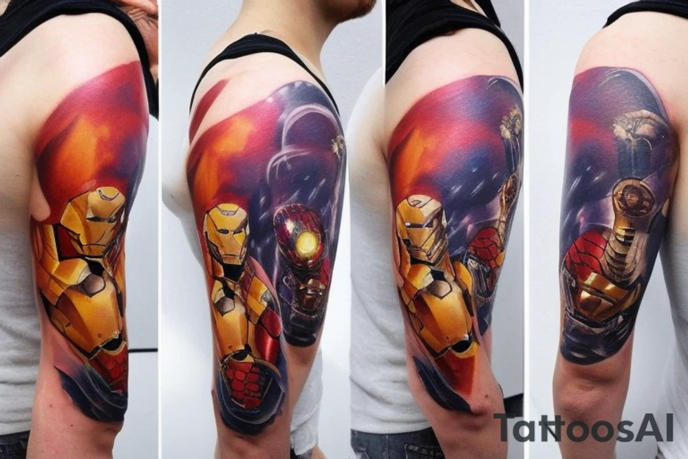 Imaginez un tatouage captivant dans le style biomécanique, fusionnant les éléments emblématiques d'Iron Man avec une esthétique futuriste. Ce tatouage incarne l'alliance parfaite entre la technologie avancée et l'essence de l'homme de fer.

Au centre de l'image, représentez le visage d'Iron Man, avec son casque caractéristique et ses yeux lumineux. Le casque est réalisé dans un style biomécanique complexe, mêlant des éléments robotiques et organiques, créant une fusion unique.

De chaque côté du visage d'Iron Man, dessinez des structures mécaniques sophistiquées qui s'étendent comme des ailes ou des extensions, représentant l'intégration de la technologie dans le corps. Les détails mécaniques tels que des engrenages, des câbles et des circuits imprimés ajoutent une texture et une profondeur supplémentaires à l'image.

Incluez des éclairages LED subtils tout au long du tatouage, simulant les lumières intérieures d'Iron Man. Cela peut être réalisé en utilisant des encres lumineuses ou en jouant avec des effets de contraste et d'ombrage.

Ajoutez des détails inspirés des réacteurs arc d'Iron Man, les plaçant stratégiquement pour représenter la puissance énergétique et la technologie révolutionnaire qui alimentent le personnage.

Utilisez une palette de couleurs métalliques, avec des tons de rouge et de doré, pour rappeler l'armure emblématique d'Iron Man. Les nuances de gris, d'argent et de noir peuvent également être utilisées pour ajouter de la profondeur et du réalisme aux composants biomécaniques.

Assurez-vous que le tatouage s'adapte harmonieusement à la forme et aux contours du corps, en prenant en compte les proportions et les mouvements naturels.

Ce tatouage dans le style biomécanique, inspiré d'Iron Man, incarne la fusion entre l'homme et la machine, reflétant la force, la technologie avancée et l'esprit de l'ingéniosité. Il est destiné à célébrer le personnage emblématique d'Iron Man et à représenter la puissance et l'audace de celui qui le porte. tattoo idea