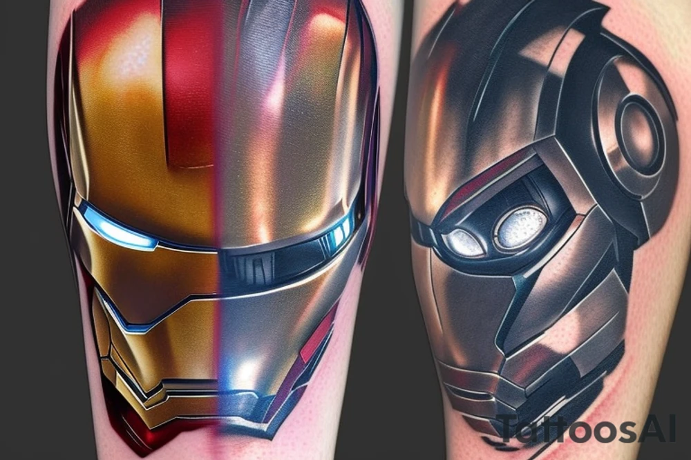 Imagine a captivating tattoo in the biomechanical style, merging iconic elements of Iron Man with a futuristic aesthetic. This tattoo embodies the perfect alliance between advanced technology and the essence of the Iron Man.

In the center of the image, depict Iron Man's face, with his distinctive helmet and glowing eyes. The helmet is created in a complex biomechanical style, blending robotic and organic elements, creating a unique fusion.

On each side of Iron Man's face, draw sophisticated mechanical structures that extend like wings or extensions, representing the integration of technology into the body. Mechanical details such as gears, cables, and printed circuits add texture and additional depth to the image.

Include subtle LED lighting throughout the tattoo, simulating Iron Man's inner lights. This can be achieved using luminescent inks or by playing with contrast and shading effects.

Add details inspired by Iron Man's arc reactors, placing them strategically to represent the power and revolutionary technology that fuels the character.

Use a metallic color palette, with shades of red and gold, to recall Iron Man's iconic armor. Shades of gray, silver, and black can also be used to add depth and realism to the biomechanical components.

Ensure that the tattoo seamlessly fits the shape and contours of the body, taking into account proportions and natural movements.

This biomechanical-style tattoo, inspired by Iron Man, embodies the fusion between man and machine, reflecting strength, advanced technology, and the spirit of ingenuity. It is intended to celebrate the iconic character of Iron Man and represent the power and audacity of the wearer. tattoo idea