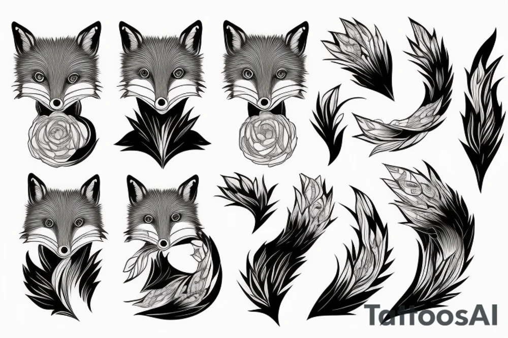 Full body of feminine fox with pretty eyes and big bushy tail swept in front of her hiding part of her body tattoo idea