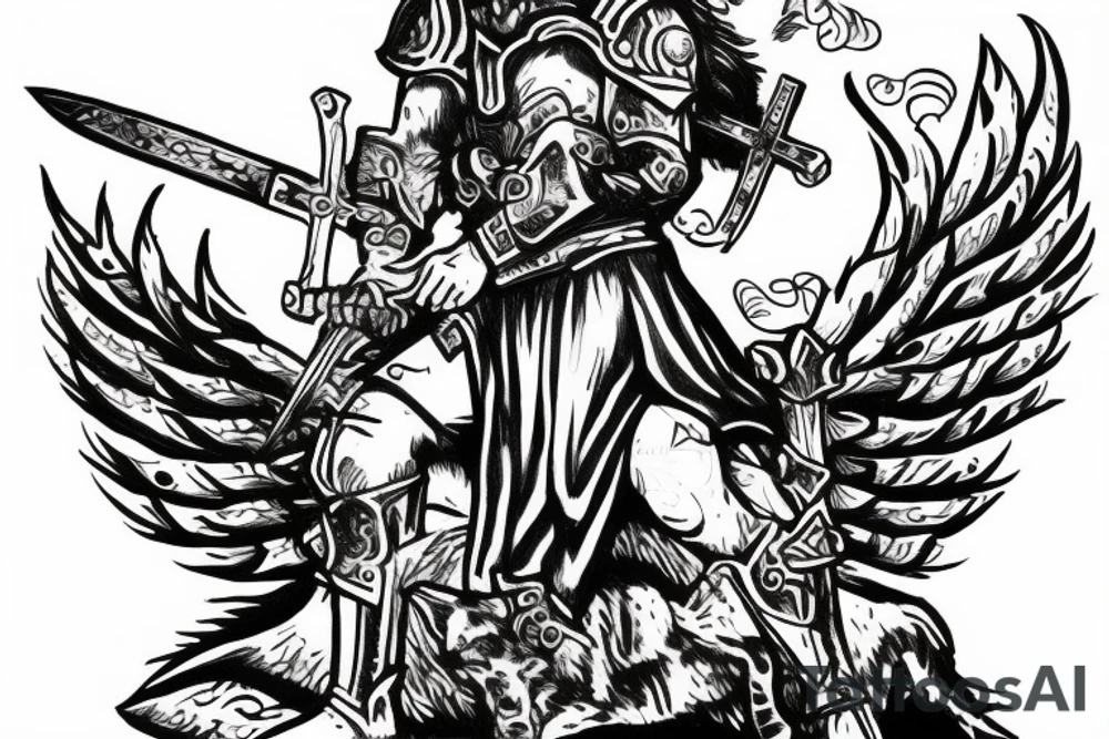 Crusader warrior with wolf on the head and has wings tattoo idea