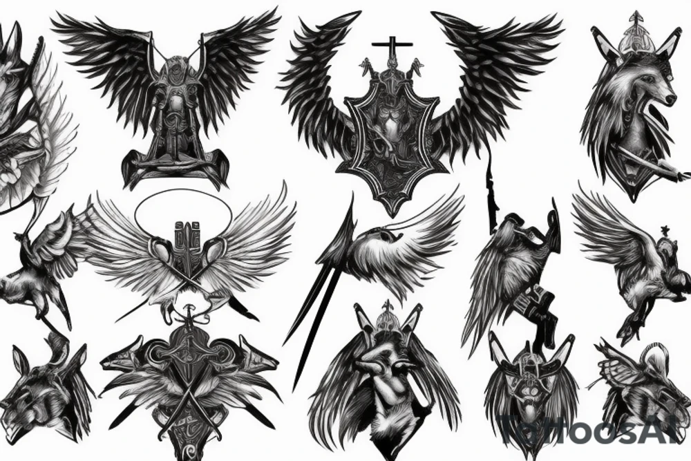 Crusader warrior with wings and wolf on his head tattoo idea