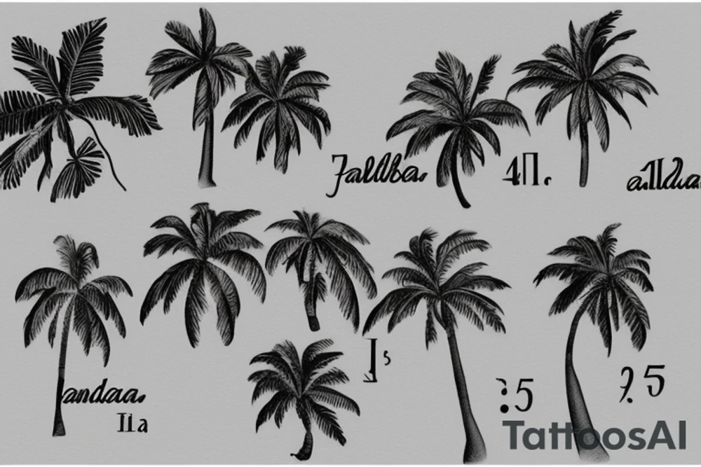 It's about a Mallorca vacation, which should be captured in a tattoo

- Palm tree with 7 leaves (because there were 7 people on the vacation)

- Longitude and latitude of Palma de Mallorca: 39° 34' 0.12 N 2° 38' 58.92 E

- Party mood tattoo idea