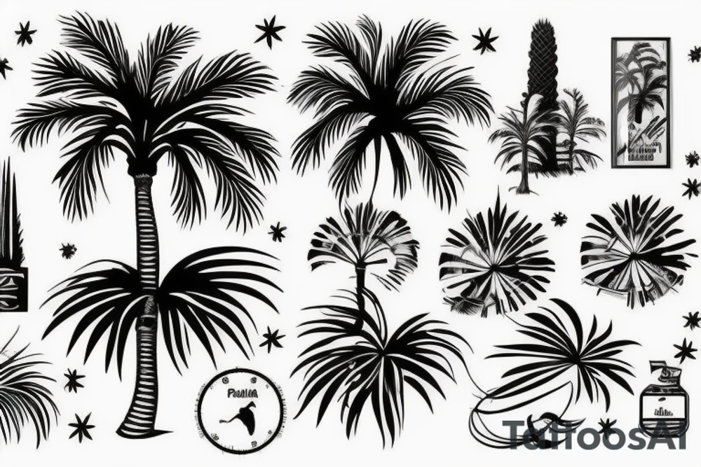 It's about a Mallorca vacation

Palm tree with 7 leaves 

Longitude and latitude of Palma de Mallorca: 39° 34' 0.12 N 2° 38' 58.92 E

Party mood tattoo idea