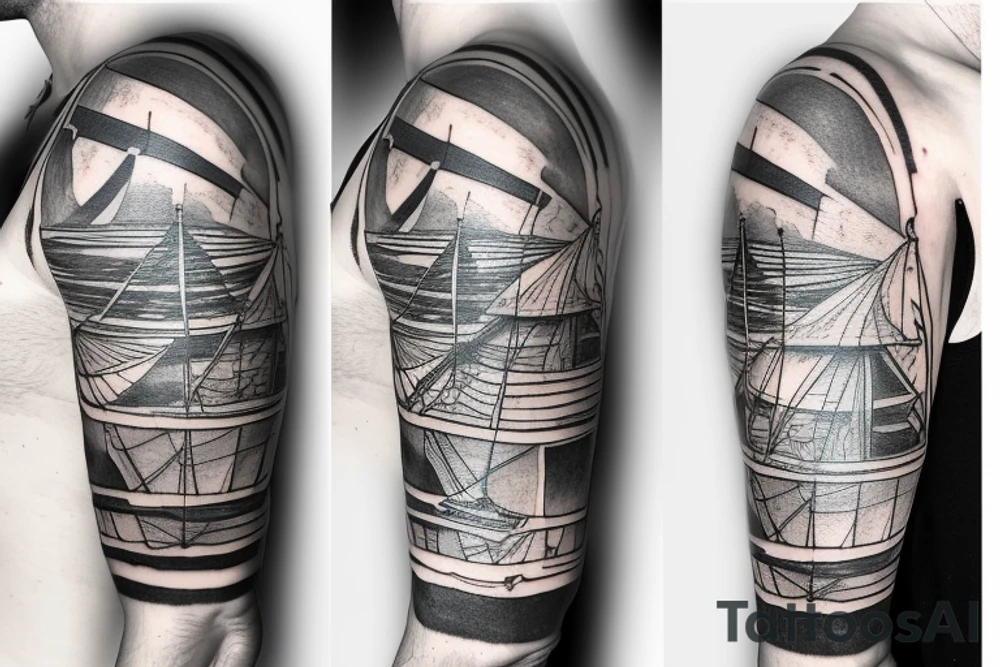 1/2 sleeve tattoo of a damaged ship, with no sails and broken rear mast, sailing in rough seas with the north star directly above tattoo idea