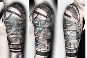 1/2 sleeve tattoo of a damaged ship, with no sails and broken rear mast, sailing in rough seas with the north star directly above tattoo idea