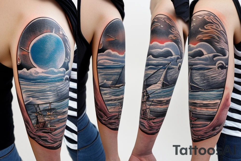 1/2 sleeve tattoo of a damaged ship, with no sails and broken rear mast, sailing in rough seas with the north star directly above tattoo idea