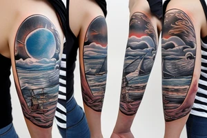 1/2 sleeve tattoo of a damaged ship, with no sails and broken rear mast, sailing in rough seas with the north star directly above tattoo idea
