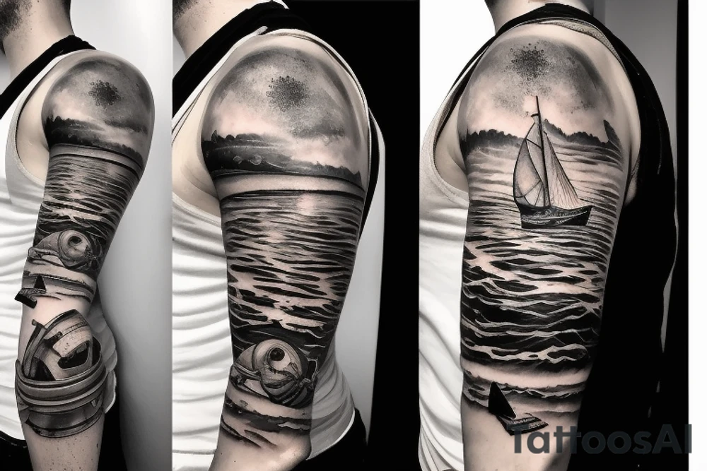 1/2 sleeve tattoo of a damaged ship, sailing in rough seas with a large star above it tattoo idea