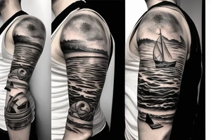 1/2 sleeve tattoo of a damaged ship, sailing in rough seas with a large star above it tattoo idea