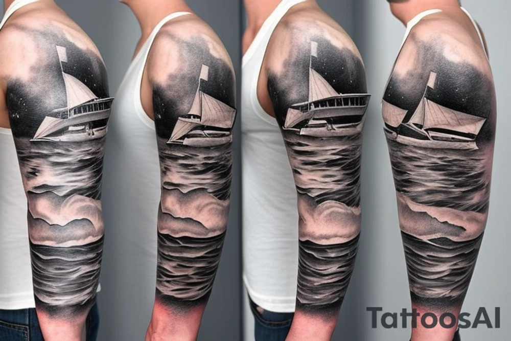 1/2 sleeve tattoo of a damaged ship, sailing in rough seas with a large star above it tattoo idea