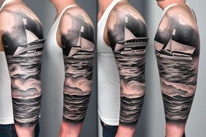 1/2 sleeve tattoo of a damaged ship, sailing in rough seas with a large star above it tattoo idea