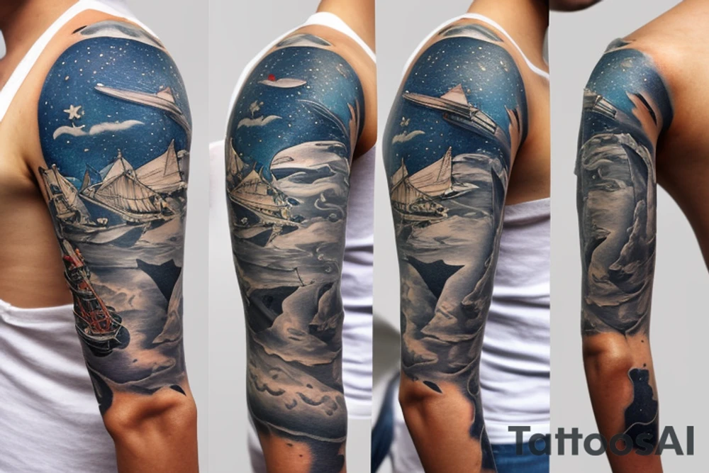 1/2 sleeve tattoo of a damaged ship, sailing in rough seas with a large star above it tattoo idea