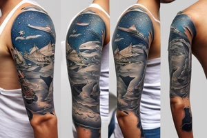 1/2 sleeve tattoo of a damaged ship, sailing in rough seas with a large star above it tattoo idea