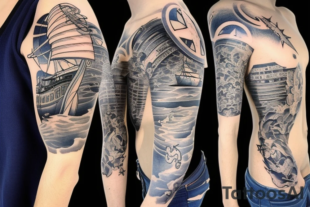 1/2 sleeve tattoo of a damaged ship, sailing in rough seas with a large star above it tattoo idea