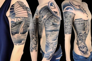 1/2 sleeve tattoo of a damaged ship, sailing in rough seas with a large star above it tattoo idea