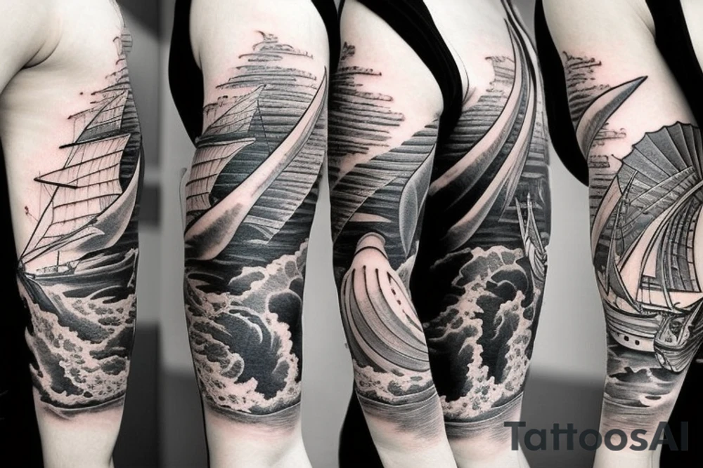 1/2 sleeve tattoo of a damaged ship, sailing in rough seas with a large star above it tattoo idea