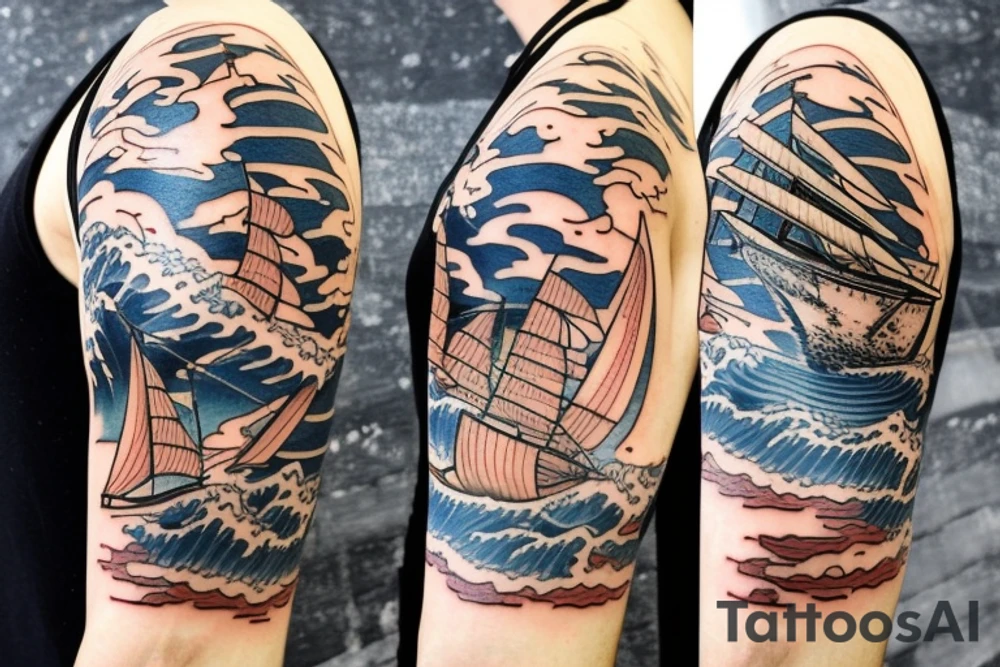 1/2 sleeve tattoo of a damaged ship, sailing in rough seas with a large star above it tattoo idea