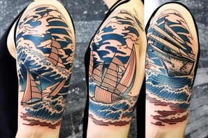 1/2 sleeve tattoo of a damaged ship, sailing in rough seas with a large star above it tattoo idea