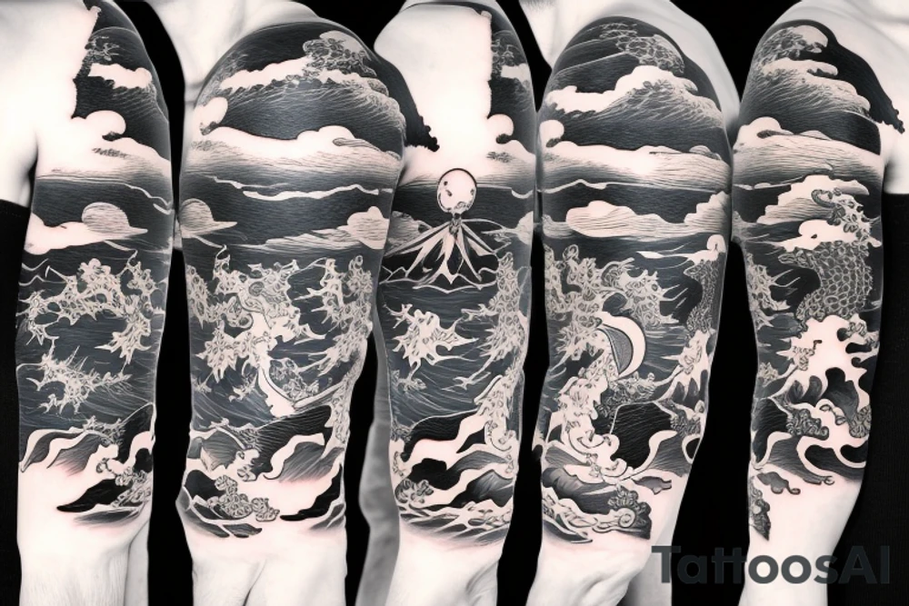 1/2 sleeve tattoo of a damaged ship, sailing in rough seas with a large star on the top of the shoulder tattoo idea