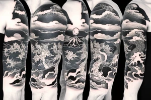 1/2 sleeve tattoo of a damaged ship, sailing in rough seas with a large star on the top of the shoulder tattoo idea