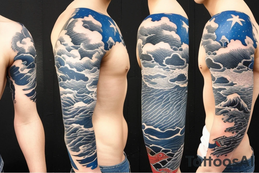 1/2 sleeve tattoo of a damaged ship, sailing in rough seas with a large star on the top of the shoulder tattoo idea