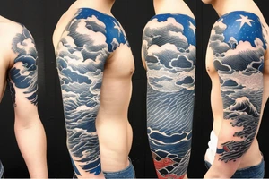 1/2 sleeve tattoo of a damaged ship, sailing in rough seas with a large star on the top of the shoulder tattoo idea