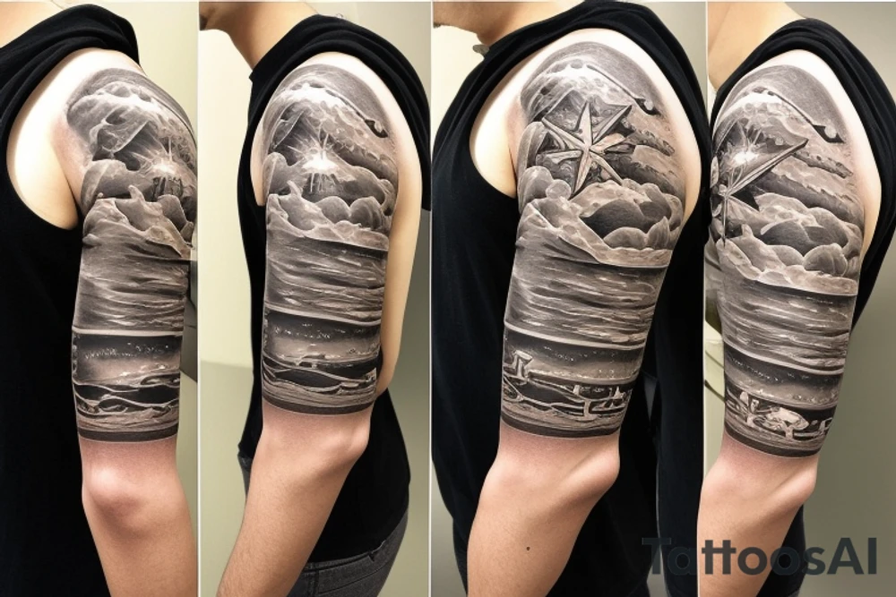 1/2 sleeve tattoo of a damaged ship, sailing in rough seas with a large star on the top of the shoulder tattoo idea
