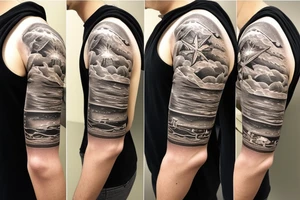 1/2 sleeve tattoo of a damaged ship, sailing in rough seas with a large star on the top of the shoulder tattoo idea