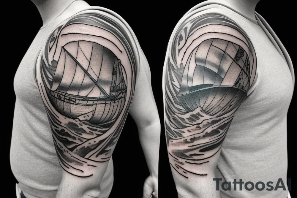 1/2 sleeve tattoo of a damaged ship, sailing in rough seas with a large star on the top of the shoulder tattoo idea