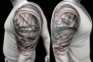 1/2 sleeve tattoo of a damaged ship, sailing in rough seas with a large star on the top of the shoulder tattoo idea