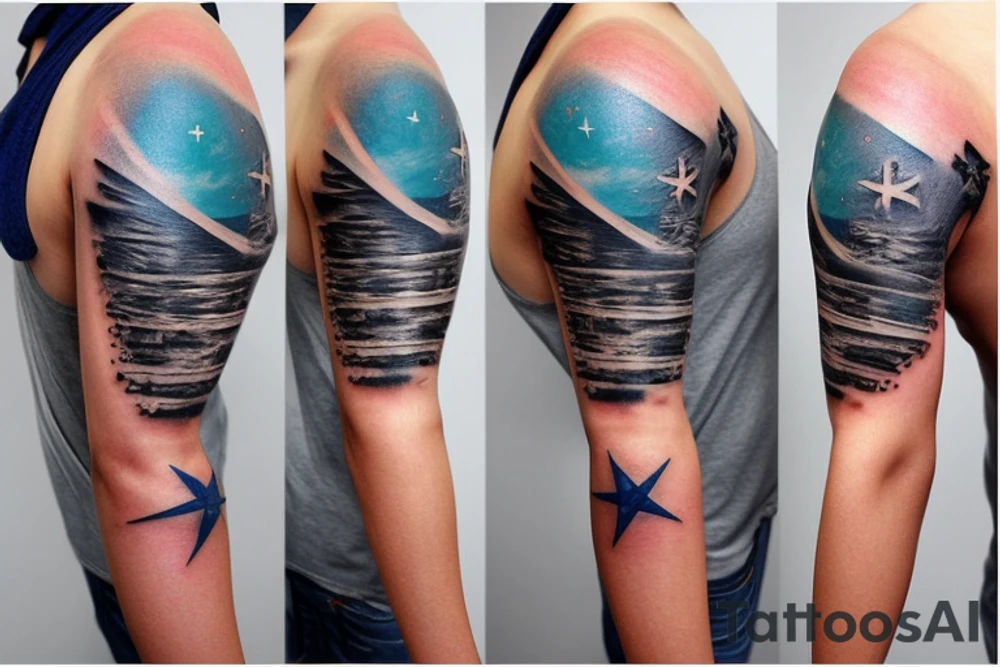 1/2 sleeve tattoo of a damaged ship, sailing in rough seas with a large star on the top of the shoulder tattoo idea