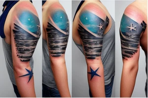 1/2 sleeve tattoo of a damaged ship, sailing in rough seas with a large star on the top of the shoulder tattoo idea
