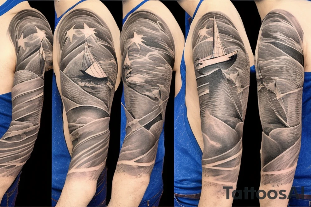 1/2 sleeve tattoo of a damaged ship, sailing in rough seas with a large star on the top of the shoulder tattoo idea