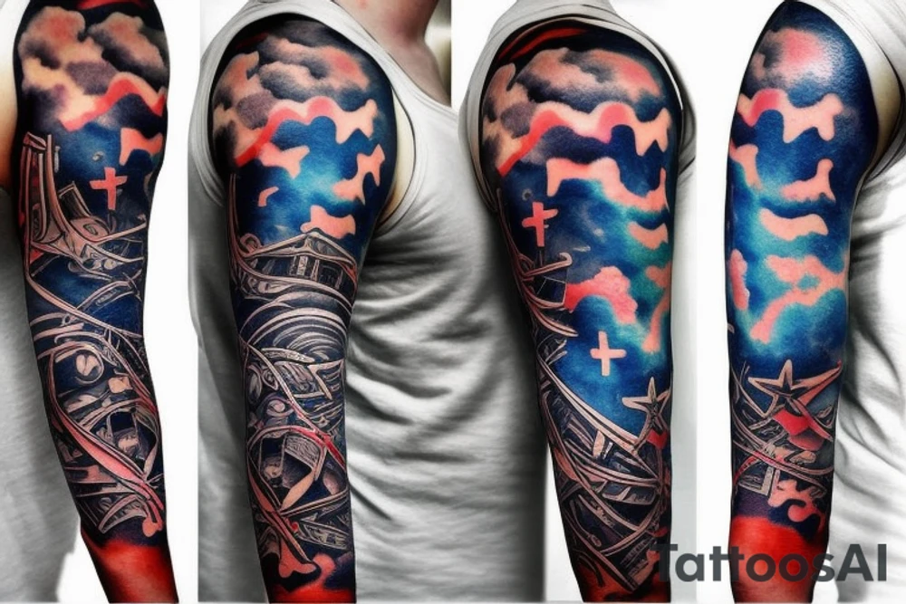 1/2 sleeve tattoo in bright colors of a damaged ship, sailing in rough seas with a large star on the top of the shoulder tattoo idea